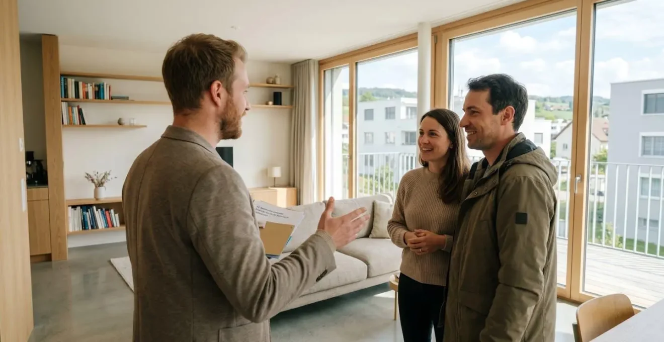 Un agent immobilier discute avec un couple durant une visite immobilière dans un salon lumineux et moderne