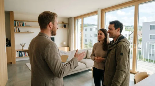 Un agent immobilier discute avec un couple durant une visite immobilière dans un salon lumineux et moderne