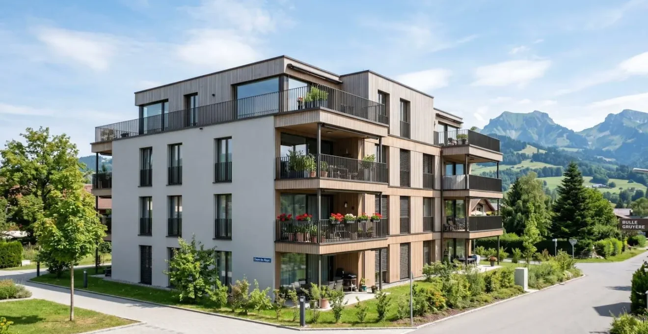 Vue large d'un immeuble résidentiel contemporain avec façade claire et balcons, dans un environnement suisse romand