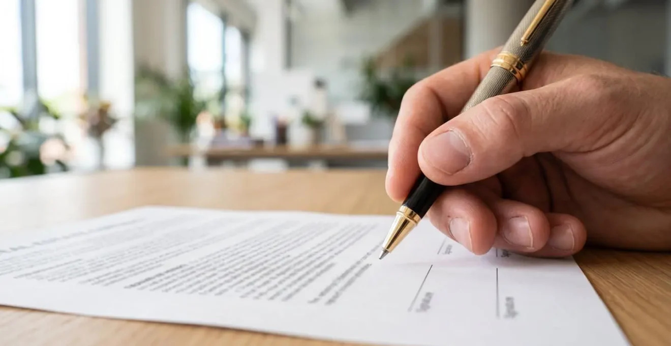 Gros plan sur une main tenant un stylo au-dessus d'un document contractuel posé sur un bureau moderne