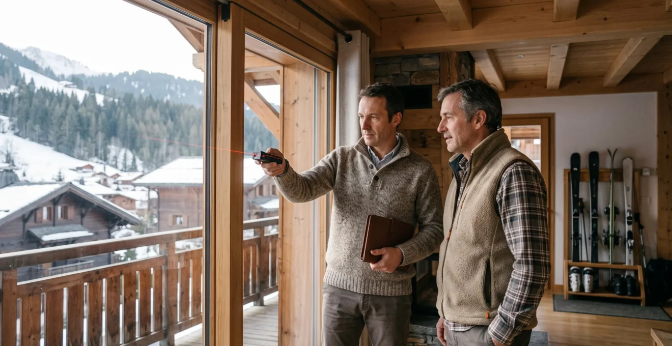 Un agent immobilier mesure un appartement en bois aux Gets pendant une visite d'estimation avec le propriétaire.