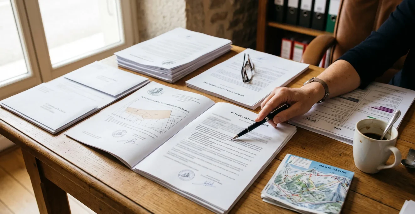 Une main pointe avec un stylo un document d'estimation posé sur un bureau en bois.